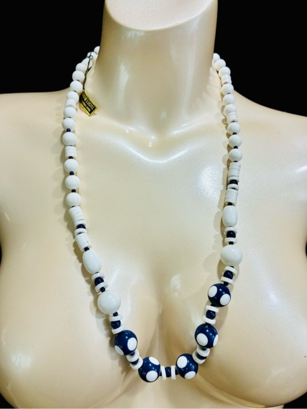 VTG Genuine Lucite White and Navy Polkadot Beaded Statement Necklace Rockabilly